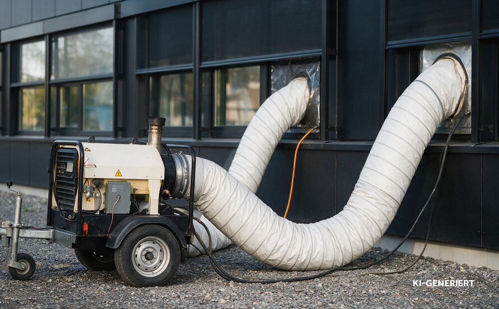Mobiles Heizgerät mit Warmluftschlauch auf einer Baustelle – Bauheizung von mein heizöl (Lang Energie AG)