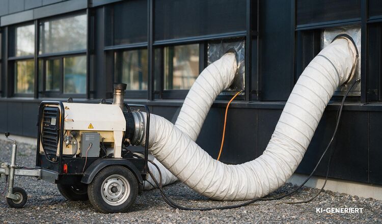 Mobiles Heizgerät mit Warmluftschlauch auf einer Baustelle – Bauheizung von mein heizöl (Lang Energie AG)