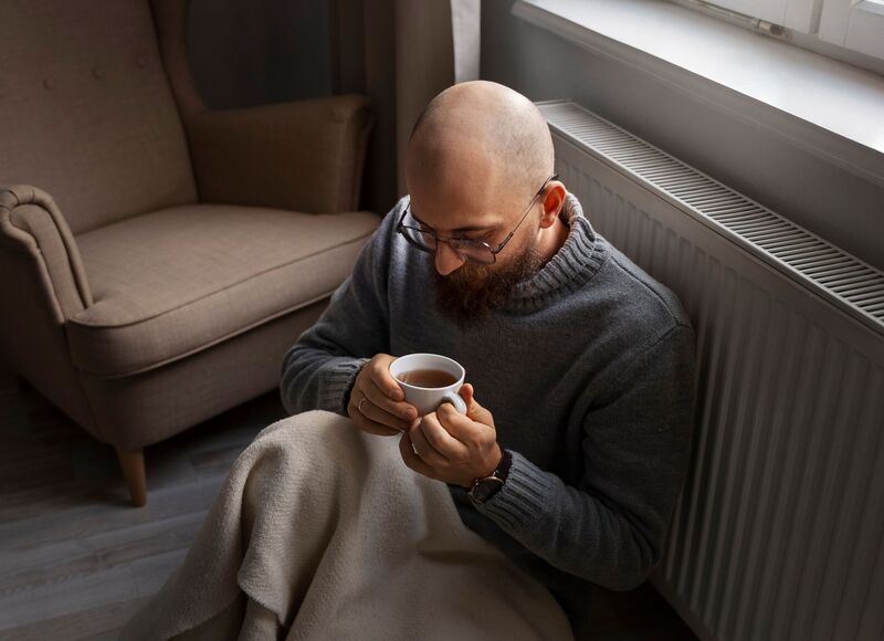 Mann trinkt eine heiße Tasse Kaffee neben der Heizung – wohlige Wärme dank mein heizöl (Lang Energie AG)