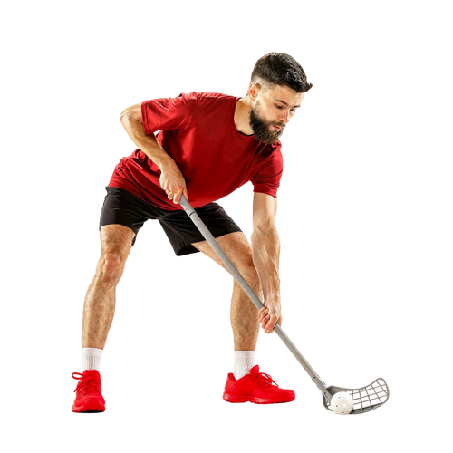 Unihockey-Spieler mit Stock und Ball im roten Trikot – Sportengagement von mein heizöl (Lang Energie AG)
